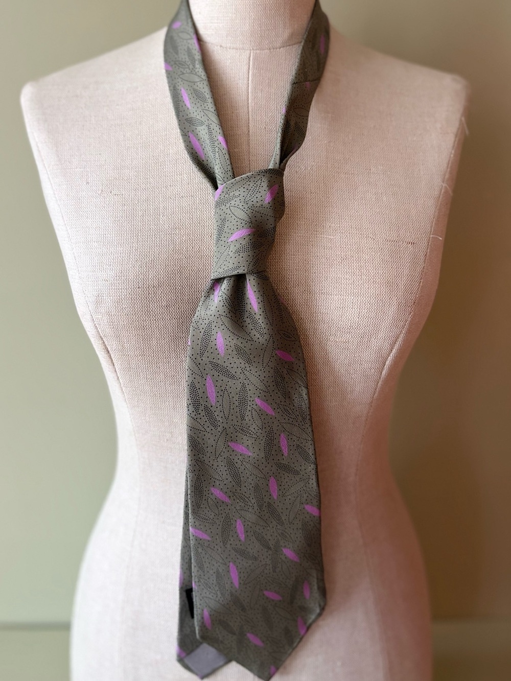 Olive Green Tie with Purple Accent Leaf pattern